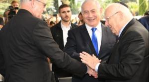 גנץ, ריבלין ונתניהו באזכרתו של שמעון פרס צילום: עמוס בן גרשום, לע״מ פוליטי