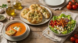 מרק עגבניות לחם שום ומרק מפנק לסוף הצום צילום: Gemini, canva אוכל