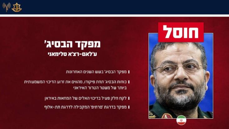 צה"ל הודיע כי מפקד יחידת הבסיג' חוסל בתקיפות באיראן