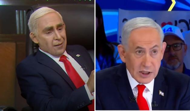 נתניהו ב"הפטריוטים", מריאנו בדמותו של נתניהו צילום: צילום מסך ערוץ 14, צילום מסך ערוץ 12 טלוויזיה