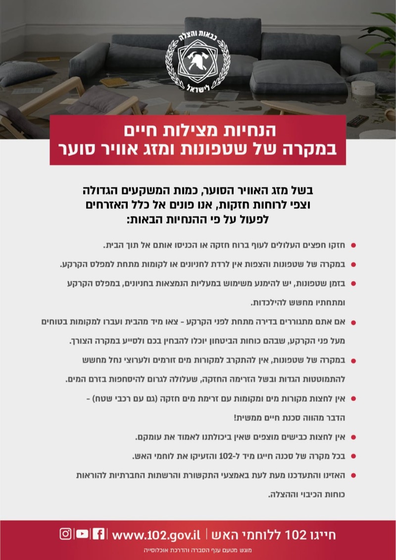 הנחיות כבאות והצלה לישראל לקראת הסופה