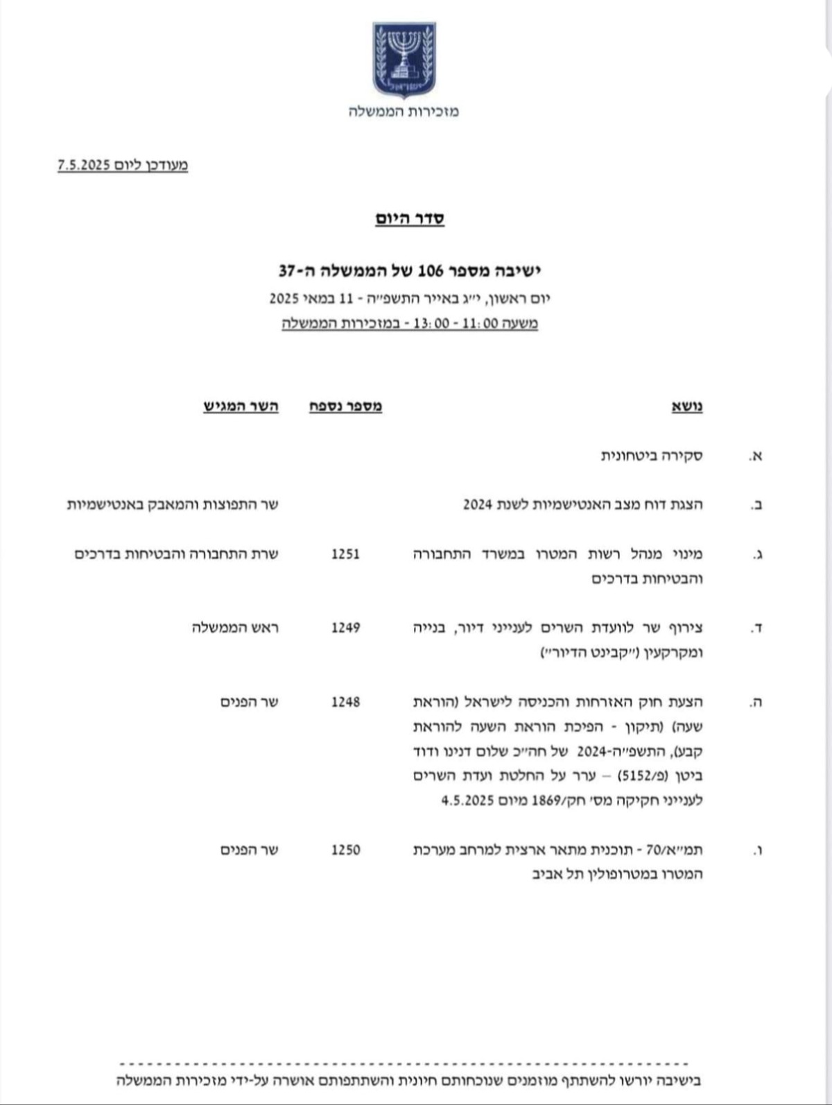 סדר היום בישיבת הממשלה הבאה