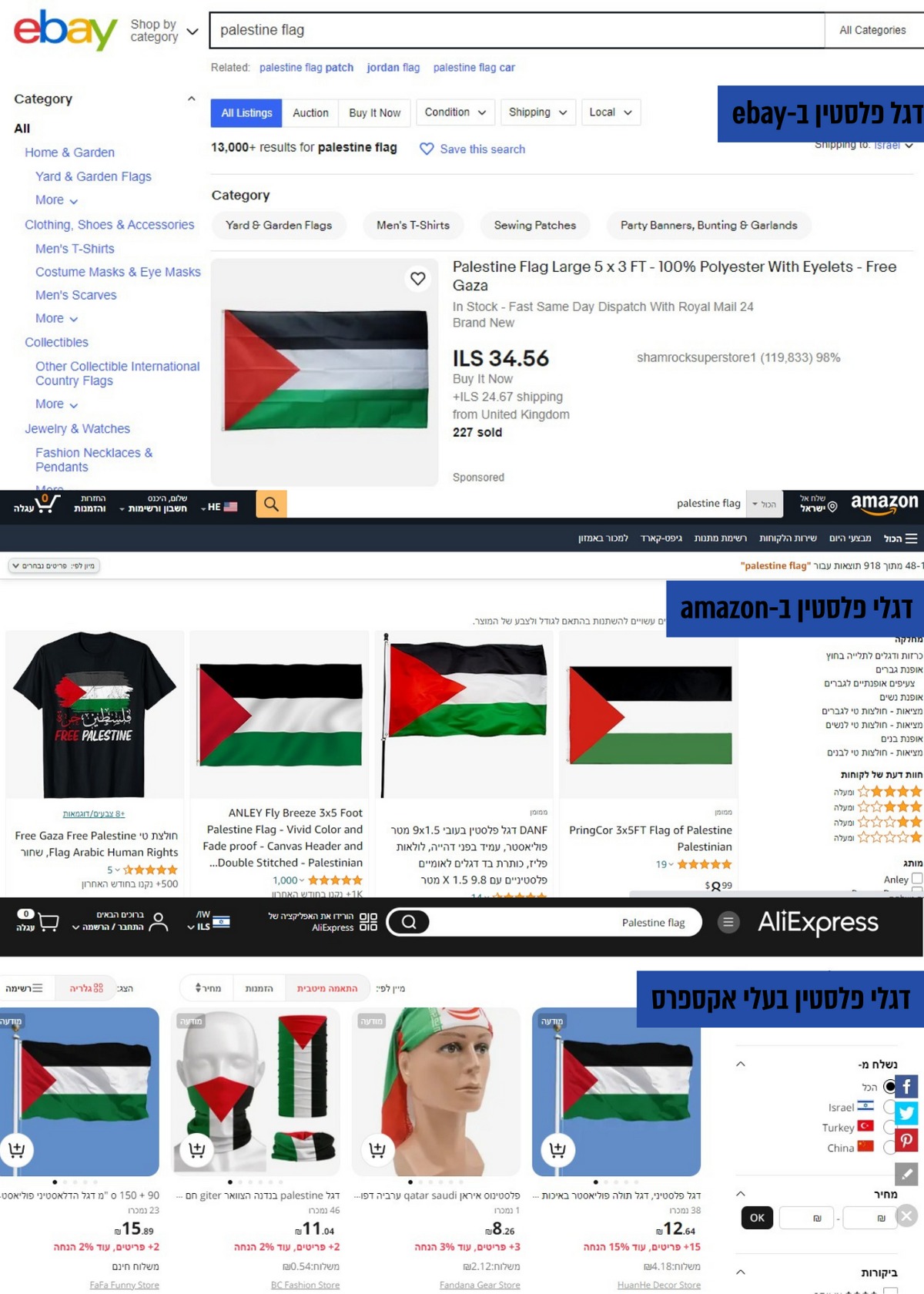 דגלי פלסטין באתרים השונים
